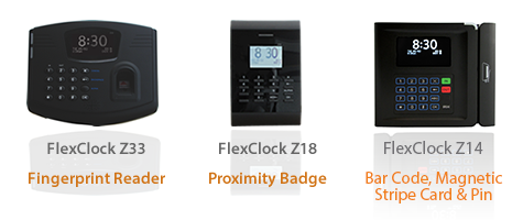 FlexClock Z33 (fingerprint reader), Z18 (proximity badge), Z14 (proximity or magnetic badge)